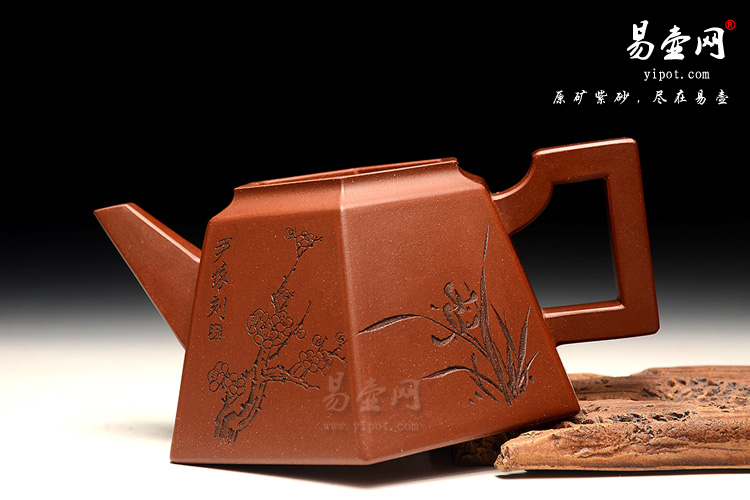 尹怀紫砂壶，六方壶图片，刻绘梅兰竹菊图